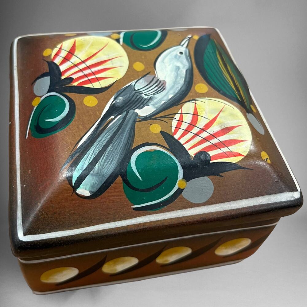 Handpainted Bird Scenery Clay Jewelry Trinket Box with Removable Cover LL-02